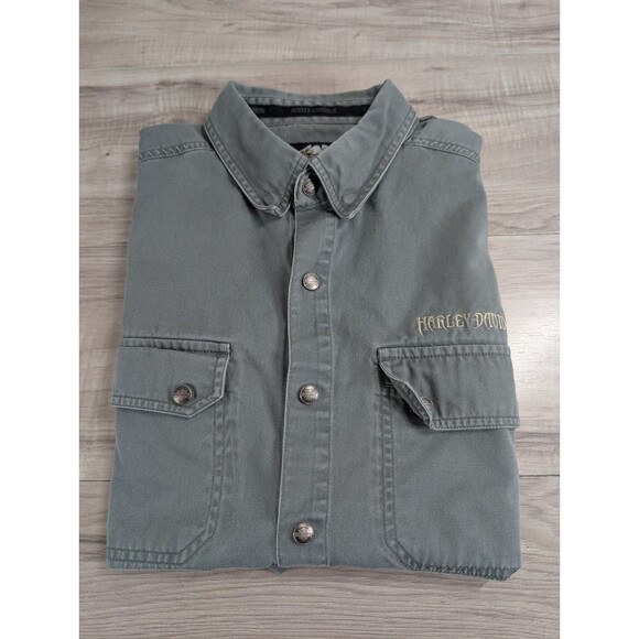 Harley Davidson Army Green Canvas Embroidered Logo Vest Jacket Men's Sz L Large - Picture 11 of 12